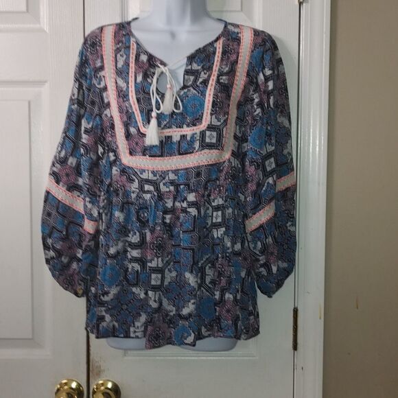 Vintage America  boho  3/4 sleeve top  Sz M - Picture 1 of 5